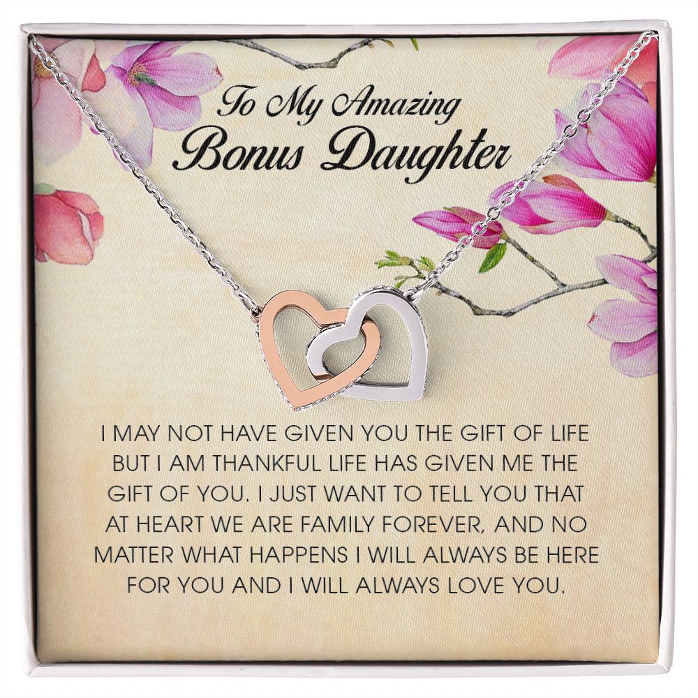 To My Amazing Bonus Daughter, Interlocking Heart Necklace