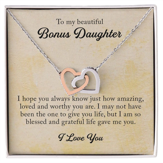 To My Beautiful Bonus Daughter, Interlocking Hearts Necklace