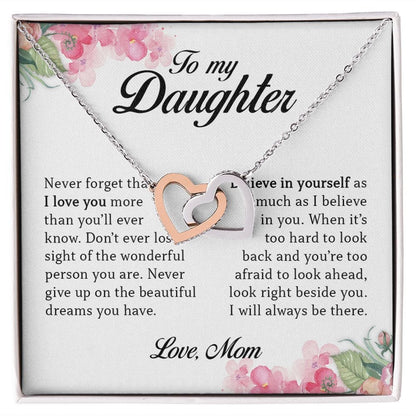 To My Daughter "Never Give Up On Your Dreams" Interlocking Hearts Necklace
