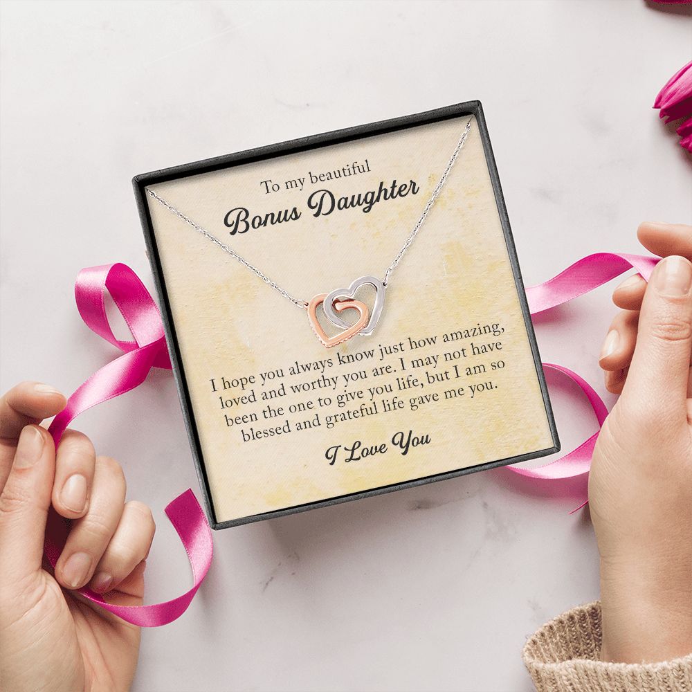 To My Beautiful Bonus Daughter, Interlocking Hearts Necklace