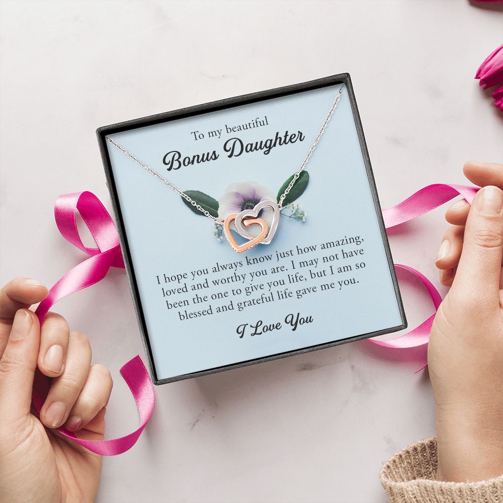 To My Beautiful Bonus Daughter, Interlocking Hearts Necklace