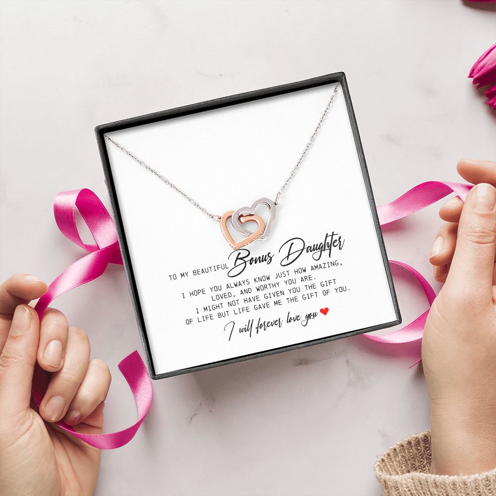 To My Beautiful Bonus Daughter, Interlocking Hearts Necklace