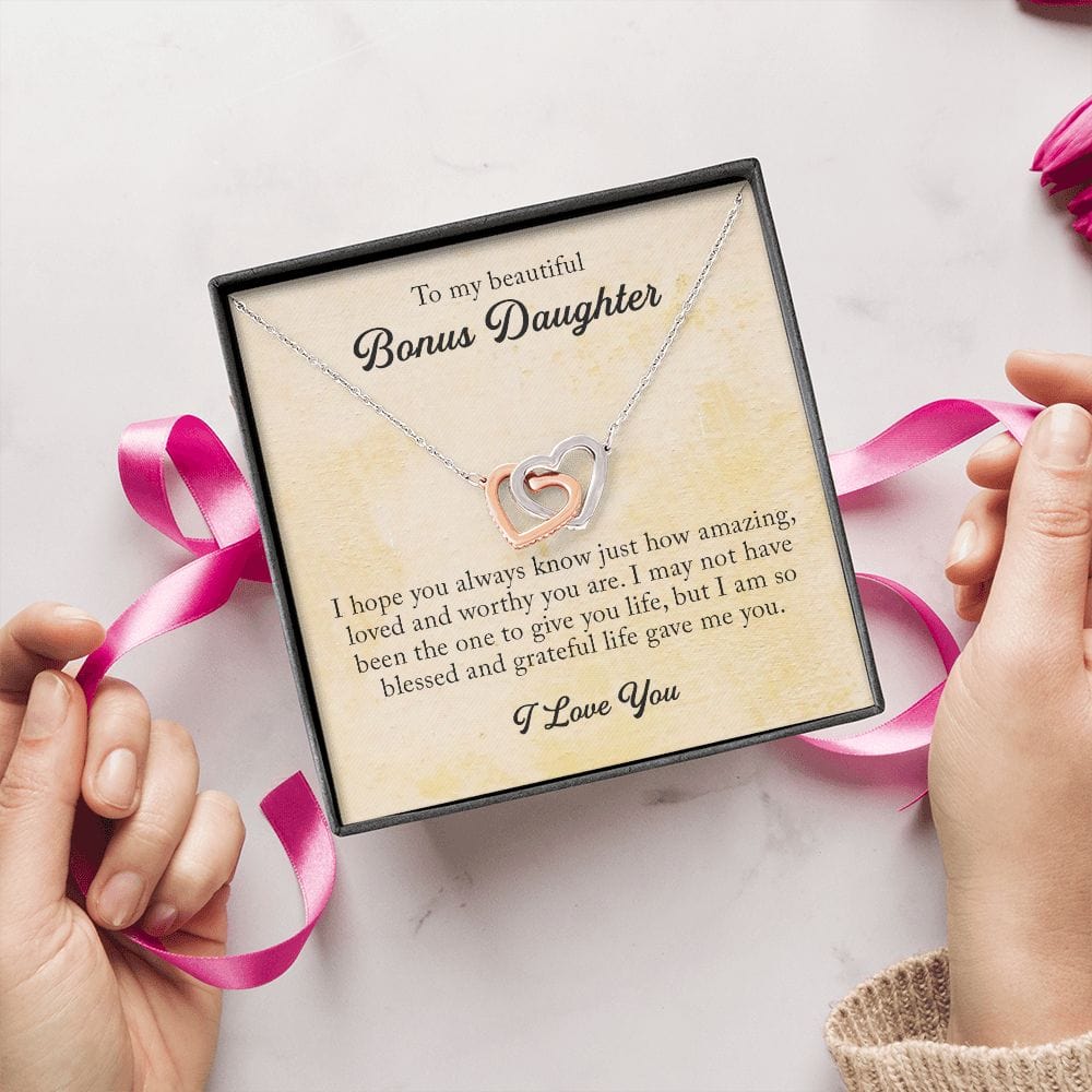 To My Beautiful Bonus Daughter, Interlocking Hearts Necklace