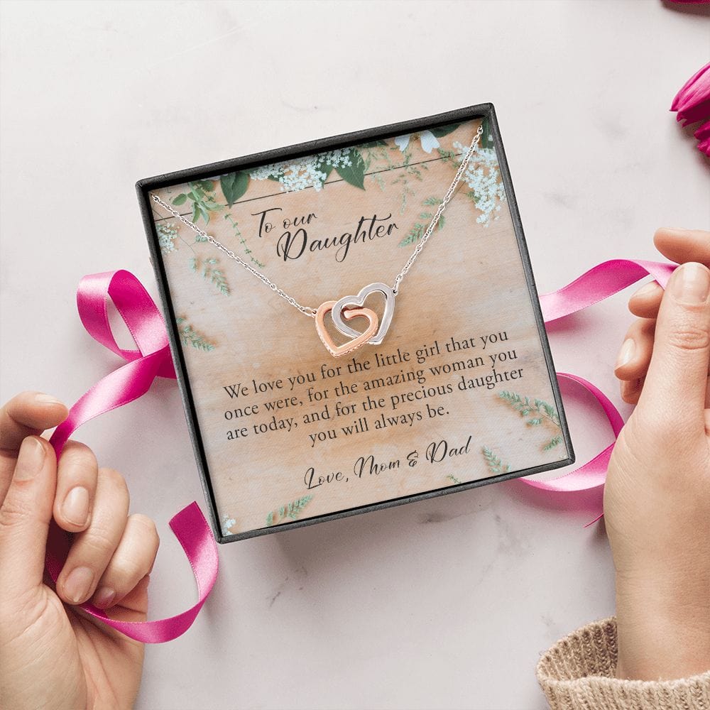 To My Daughter, Interlocking Hearts Necklace, Gift from Mom and Dad