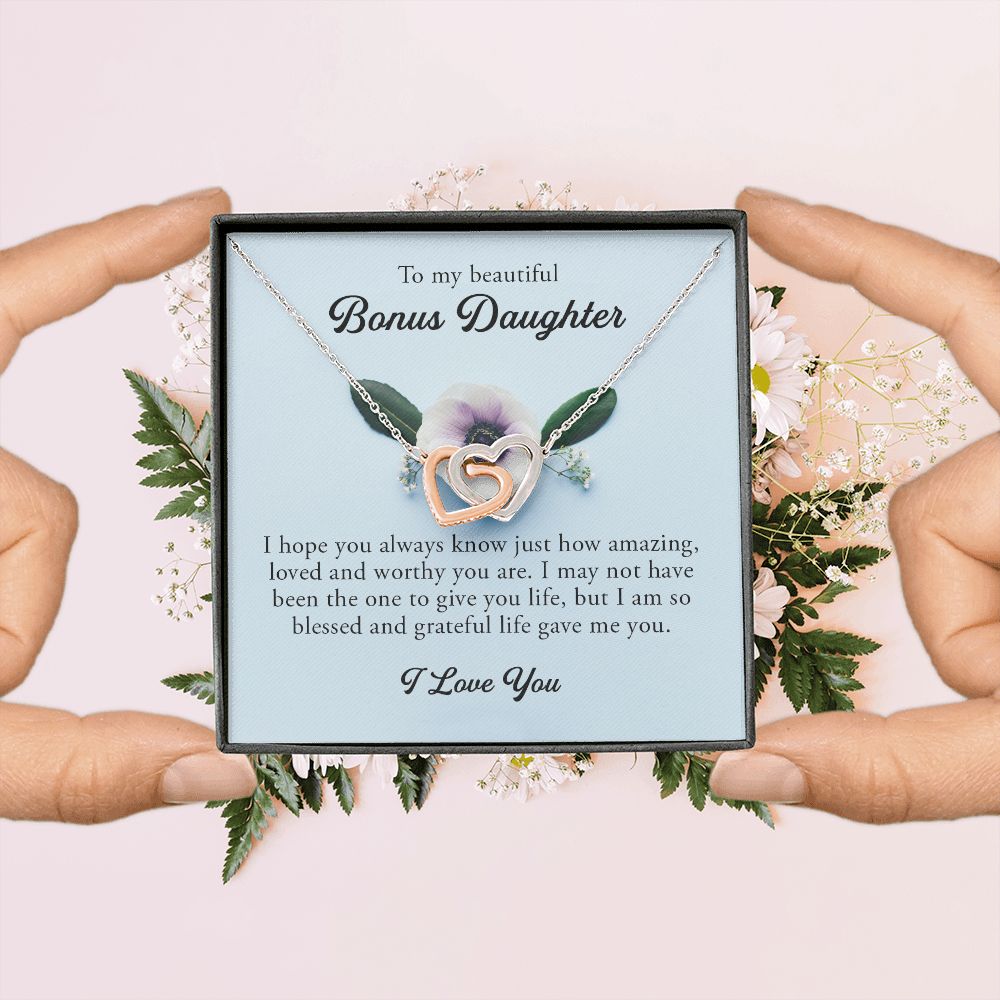 To My Beautiful Bonus Daughter, Interlocking Hearts Necklace