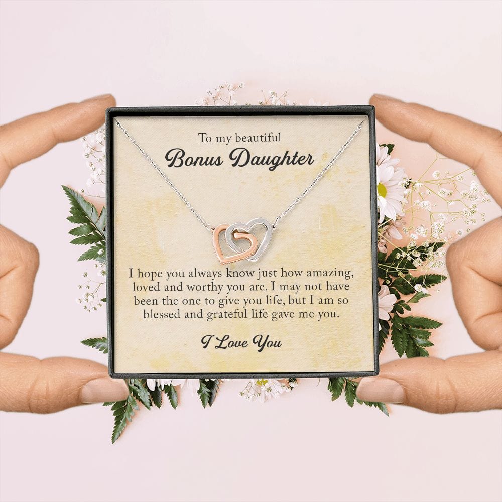 To My Beautiful Bonus Daughter, Interlocking Hearts Necklace