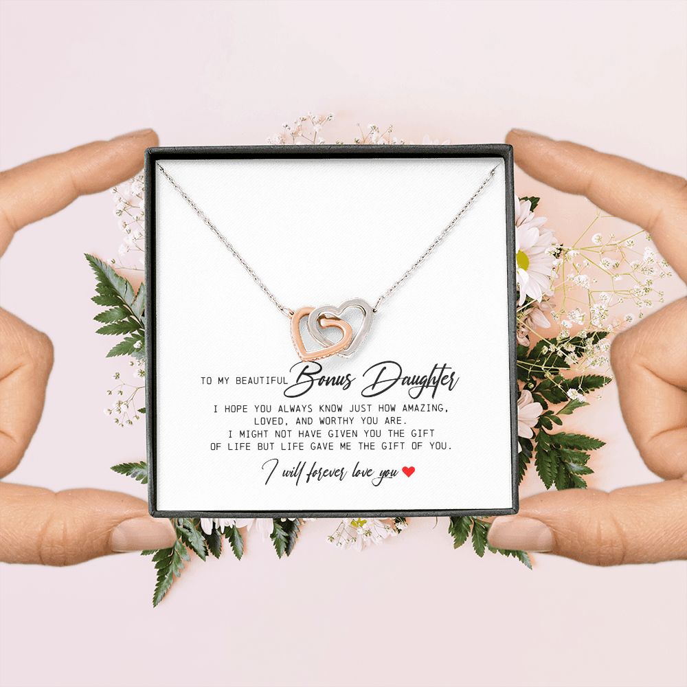 To My Beautiful Bonus Daughter, Interlocking Hearts Necklace