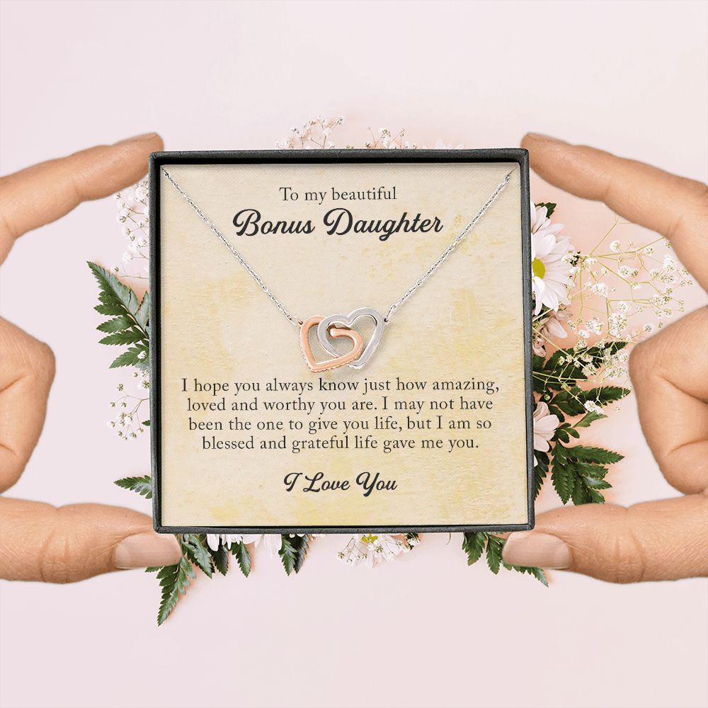 To My Beautiful Bonus Daughter, Interlocking Hearts Necklace