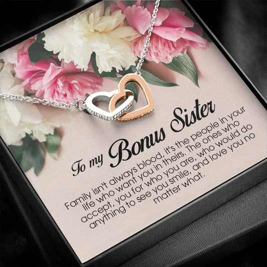 To My Bonus Sister, Interlocking Heart Necklace