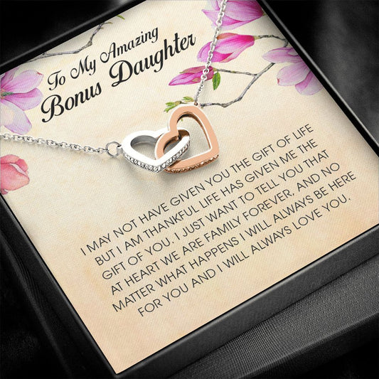 To My Amazing Bonus Daughter, Interlocking Heart Necklace