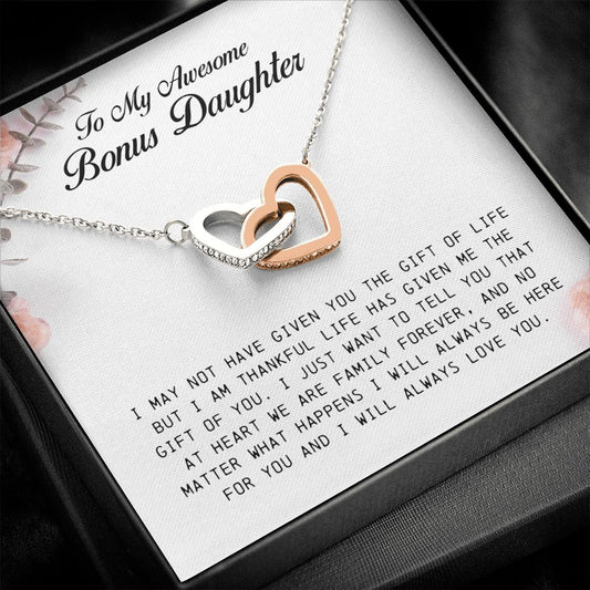 To My Awesome Bonus Daughter, Interlocking Heart Necklace