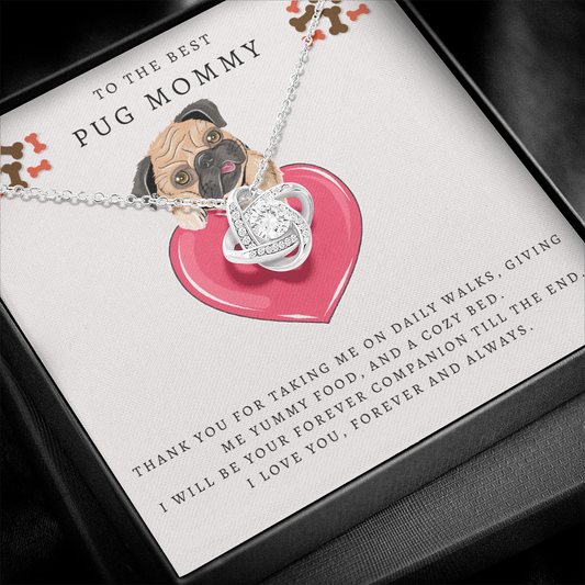 Love Knot Necklace, Pug Mom Gift, Dog Mom Gift, Pug Lover Gift, Pug Mom Christmas Gift, Pug Mommy Birthday Gift